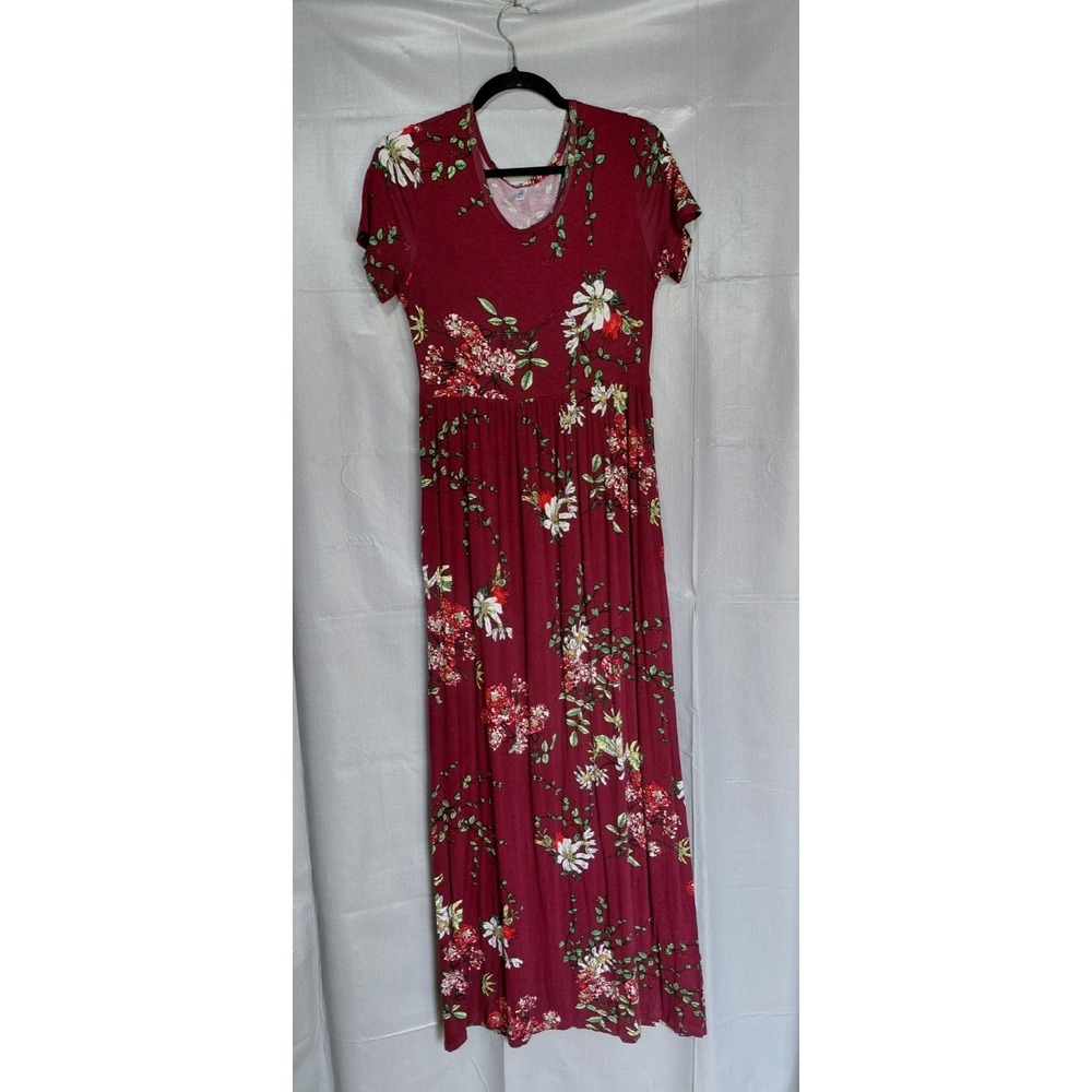 Viishow Floral Knit Maxi‎ Dress LG Maroon Short Sleeve Long Full Gathered